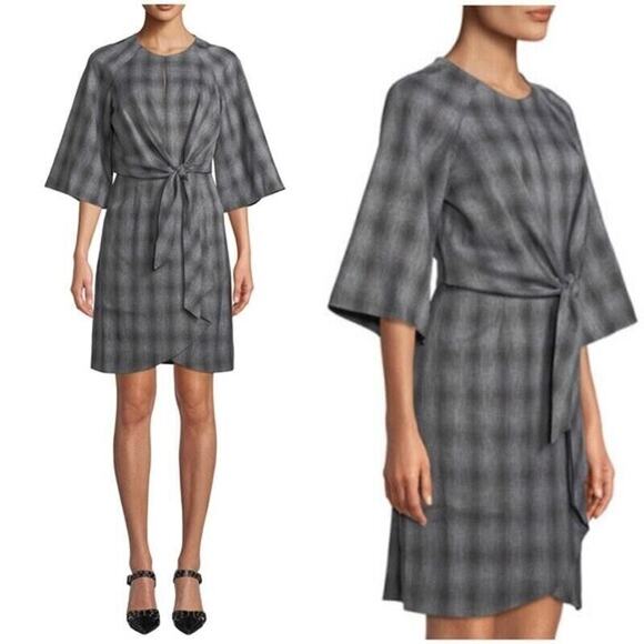 Tahari Arthur S. Levine Black Gray Plaid Faux Wrap Sheath Dress Sz 14 Knee - Picture 1 of 8